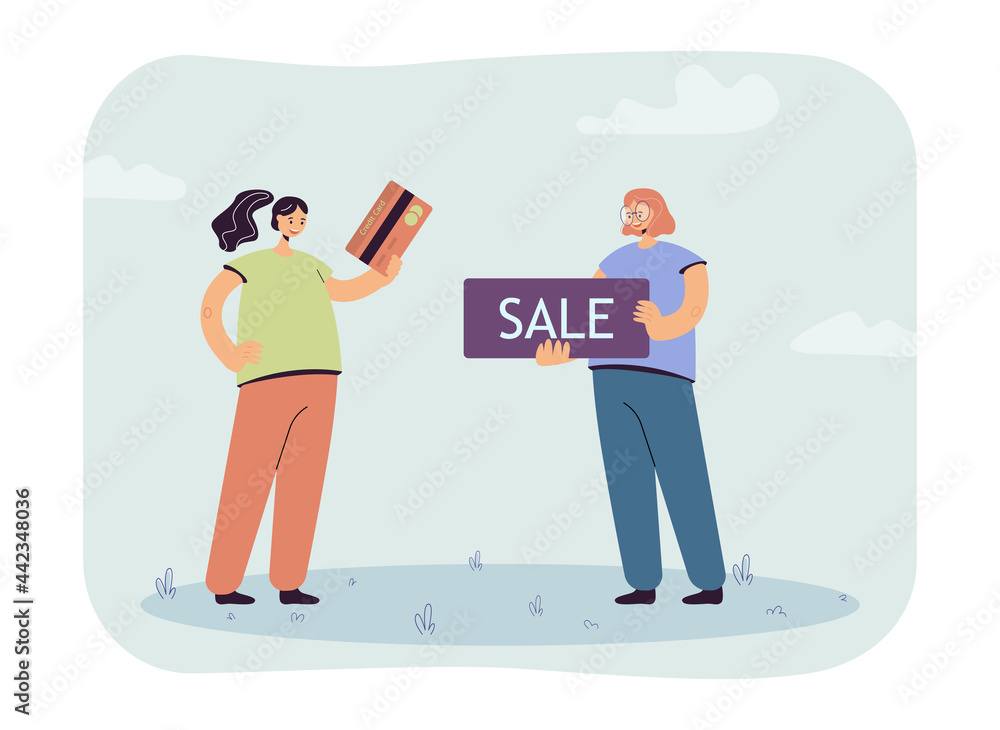 Sticker shopping on sale flat vector illustration. two women, one holding bank card, other holding sale sign