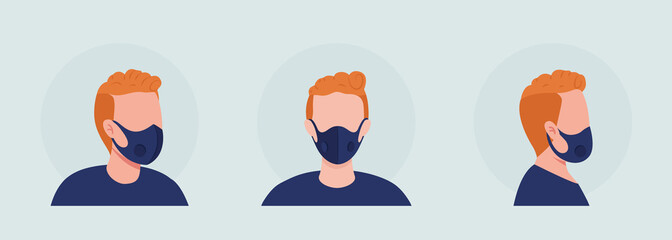 Fototapeta premium Red haired semi flat color vector character avatar with mask set. Portrait with respirator from front and side view. Isolated modern cartoon style illustration for graphic design and animation pack