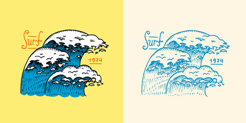 Sea wave emblem. Surfing sign. Summer Surf. Blue water. Vintage tide. Engraved emblem hand drawn. Retro poster or banner