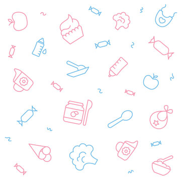 Seamless background of baby food, pastel color. Repeating simple blue and pink objects baby element for wrapping, baby shower card, fabric.