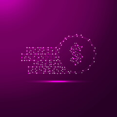 Dollar coin in low poly style consisting of points, lines, and shapes in the form of planets, stars and the universe.