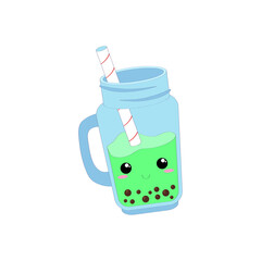 kawaii bubble tea isolated on white background. Milk tea with tapioca pearls, Cute bubble milk tea cartoon characters.