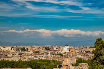 Naklejka premium Rome, Lazio, Italy - The beautiful panorama of the city, seen from the top of the Janiculum (Janiculum). The splendid view of the historic buildings, churches and unique monuments of the Eternal City.