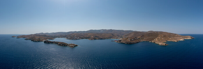 Greece, Kea Tzia island. Panoramic aerial drone view