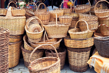 Pile of wicker baskets at the farmers market