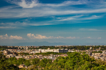 Fototapeta na wymiar Rome, Lazio, Italy - The beautiful panorama of the city, seen from the top of the Janiculum (Janiculum). The splendid view of the historic buildings, churches and unique monuments of the Eternal City.