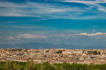 Rome, Lazio, Italy - The beautiful panorama of the city, seen from the top of the Janiculum (Janiculum). The splendid view of the historic buildings, churches and unique monuments of the Eternal City.