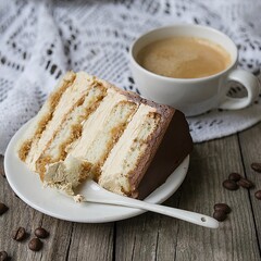 Tiramisu. A slice of a traditional Italian dessert on a white plate and a cup of coffee on a marble table. Selective focus. Copy space.