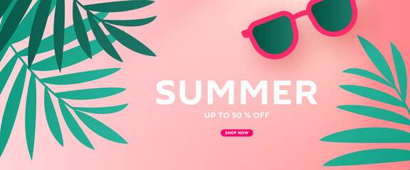 Hello summer sale banner design with tropical leaves and beach sunglasses accessories on pink background for store marketing promotion.