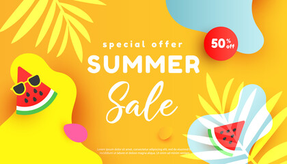 Summer sale editable template banner with fluid liquid elements, tropical leaves and bubble forms on yellow background with copy space for banner, greeting card, poster and advertising