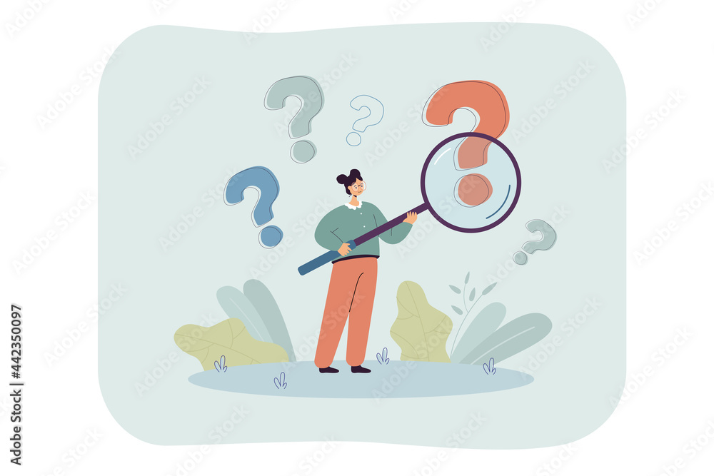 Poster woman with magnifier analyzing question marks. curious person investigating interrogation point flat