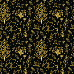 Seamless vector pattern with gold elements on black isolated background. Festive, botanical print in doodle style hand drawn.Design for wrapping paper, textiles, packaging, fabric,social media, web