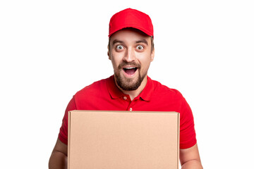 Amazed delivery man with carton box