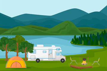 ummer camp . Motorhome caravan motorhome by the fire with a tent, log, boiler, table. Landscape by the lake and mountains. Summer vacation, camping, travel, trip, hiking, vector cartoon illustration. - obrazy, fototapety, plakaty