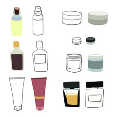 hand drawn different cosmetic bottles. Cream tube vector. Cosmetic serum package template blank. body treatment flacon. Face moisturizer essence dispenser. flat vector illustration on white background
