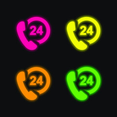 24 Hours Support four color glowing neon vector icon