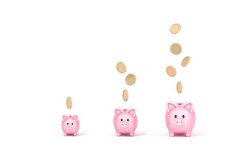 Pink piggy bank with gold coins are growing on white background for business and financial concept 3d rendering. 3d illustration concept of save money or open a bank deposit.