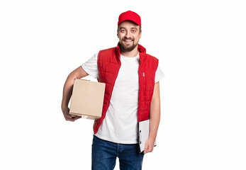 Warehouse worker with box and clipboard