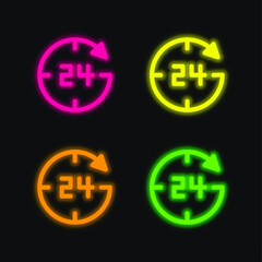 24 Hours four color glowing neon vector icon