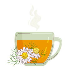Cup of Chamomile tea. Two flowers and leaves. Vector isolated colorful illustration in outline style.