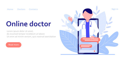 Doctor's consultation on the Internet, in Riga online. Doctor's advice in chat. Online medicine and healthcare concept. Banner design for the site. Vector illustration in flat, cartoon style.
