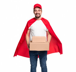 Cheerful superhero courier delivering order