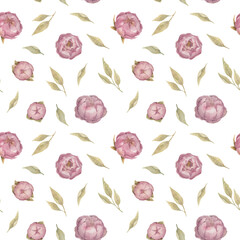Watercolor hand-drown illustration with pink peonies and green leaves