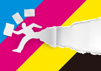 
Fast printing paper concept, banner template.
Paper man silhouette with flying documents ripping paper with CMYK colors .Place for your text or image. Vector available.