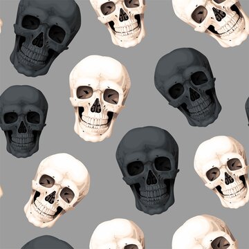 Seamless pattern with whire and black skulls