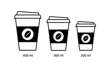 Linear icons coffee cups different size set - large, medium, small. Vector illustration.