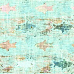 Fototapeta na wymiar Rustic fish linen woven texture. Seamless printed fabric pattern. Tropical fishes pastel coastal style. Interior textile background. Mottled peach green dye stains. Soft rustic summer home decor 