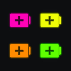 Obraz premium Battery With Plus Sign four color glowing neon vector icon