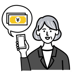 女性　シニア　スーツ　ベクター　ポップ　お金　携帯電話　スマホ
