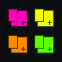 Add Rectangular Shape Button four color glowing neon vector icon
