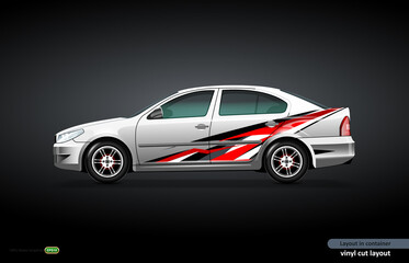 Car decal wrap design with abstract dinamic theme on metalic sedan car.
