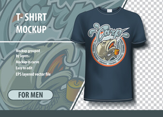 T-shirt mock-up template with Fishing Club Logo. Editable vector layout.