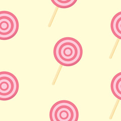 Candy on a stick of different colors with a spiral pattern. Sweet food. Vector flat illustration pattern. 