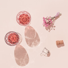 Two fashion glasses  of rose wine and small bouquet of flowers on pastel pink background Summer vacation flat lay