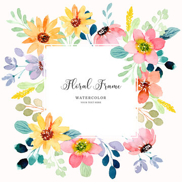 Colorful floral frame background with watercolor