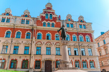 Fototapeta na wymiar Beautiful view of the Old Town Hall square in Vyborg. Vyborg, Russia - 27 June 2021