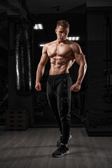 Fototapeta na wymiar Handsome Man Standing Strong In The Gym And Flexing Muscles - Muscular Athletic Bodybuilder Fitness Model Posing After Exercises