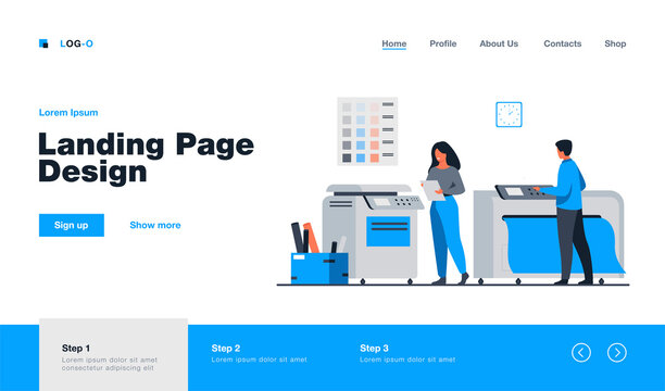 Print house workers using computers and operating big commercial printers for printing banners and posters. Vector illustration for ad agency, printing industry, advertising design concept
