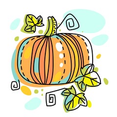 Decorative, stylized pumpkin isolated on a white background. Cheerful, cute orange pumpkin with green leaves. Colorful image with black outline. 