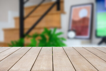 Wooden board empty table top and blurred background at home modern Scandinavian style, Mock up for display of product.