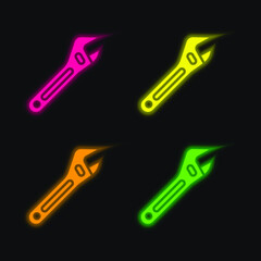 Adjustable Spanner four color glowing neon vector icon