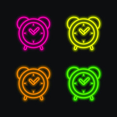 Alarm Clock four color glowing neon vector icon