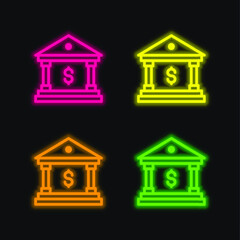 Bank four color glowing neon vector icon