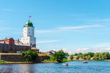View of the Castle island with an old fortress, a popular tourist destination in Vyborg, Russia