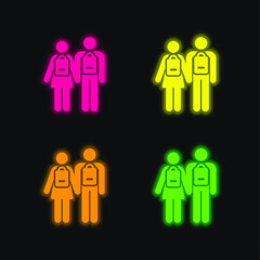 Backpacker four color glowing neon vector icon