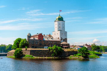 Fototapeta na wymiar View of the Castle island with an old fortress, a popular tourist destination in Vyborg, Russia